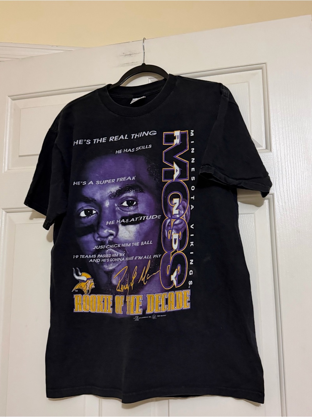 Vtg 90’s Randy Moss Rookie of the Decade Big Face Rap Tee Minnesota Vikings L